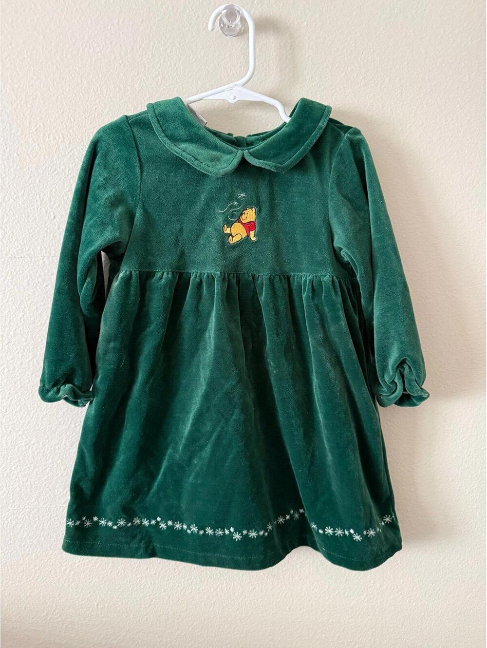 Vintage Disney Winnie the Pooh Toddler Dress Girls 24M Green Velvet Embroidered